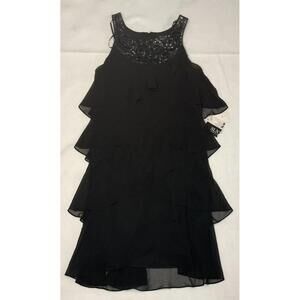 SLNY Black Sleeveless Ruffle Dress – Beaded Neckline – Size 12